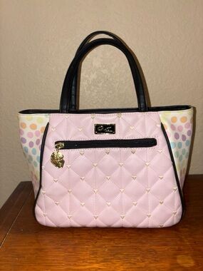 Pastel Pink Quilted Tote with Multicolor Polka Dot Sides